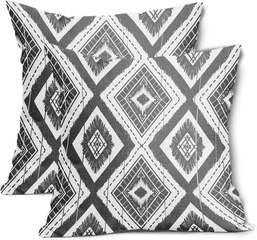 Miniatura 19 de Juego de 2 fundas de almohada geométricas de color naranja quemado de 18 x 18 pulgadas con diamantes Ikat de color marfil óxido, estilo bohemio