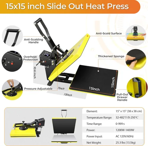 Miniatura 8 de Whubefy - Máquina de prensa de calor de 15 x 15 con deslizamiento, máquina de prensa de calor digital con concha para impresoras de camisetas