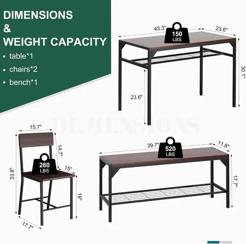 Miniatura 3 de Conjunto de mesa y sillas de cocina Shintenchi de 4 piezas, juego de mesa de comedor para 4 con banco y sillas, juego de mesa de cocina de 4 piezas