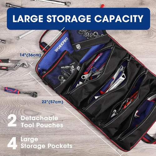 Miniatura 3 de WORKPRO Bolsa de herramientas enrollable, bolsa de herramientas enrollable con bolsillos desmontables, organizador de herramientas resistente con 6