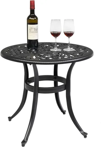 VINGLI Mesa redonda de aluminio fundido de 23.6 pulgadas con agujero para sombrilla – Bistró y mesa auxiliar para todo tipo de clima (negro)