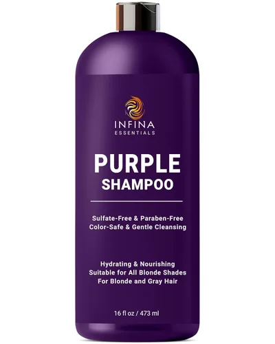 INFINA ESSENTIALS Champú morado para cabello rubio, gris, cobrizo y teñido sin sulfatos, enriquecido con té verde y manzanilla y aceite de aguacate,