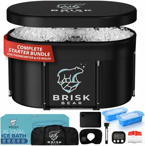Tina de baño de hielo oval XL para atletas con cubierta de Brisk Bear - Tina de inmersión fría extra grande para recuperación - Tina de inmersión de