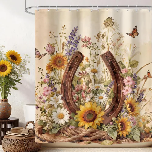Glawry Cortina de ducha con diseño de herradura occidental, diseño vintage de flores silvestres, plantas botánicas, vaquera, granja, baño,