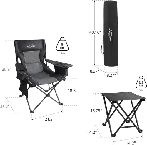 Miniatura 3 de FAIR WIND Silla de camping acolchada de gran tamaño con reposapiés, juego de taburetes, soporte resistente, soporta 300 libras, bolsa de negro