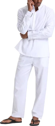 Miniatura 4 de Conjuntos de lino para hombre, camisas Henley, 2 piezas, trajes de vacaciones, ropa de playa, traje casual, camisa de manga larga, pantalones