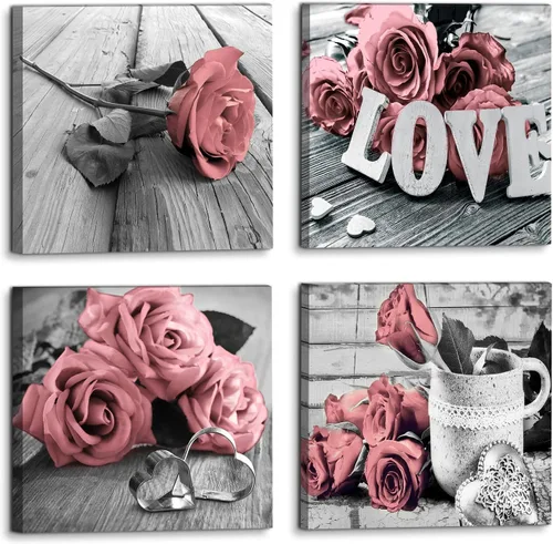 Miniatura 10 de Arte de pared de flores de rosa turquesa y verde azulado para el baño, decoración de pared floral turquesa, señal de amor en blanco y negro, Rosa