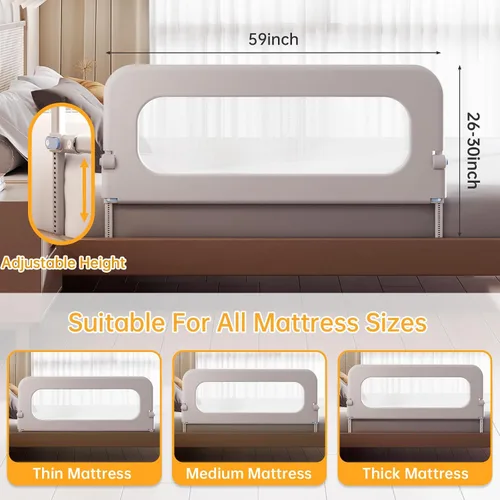 Miniatura 4 de Barandilla de protección para cama de bebé para niños pequeños, altura ajustable de 59 pulgadas, barandilla de cama abatible, barandilla lateral