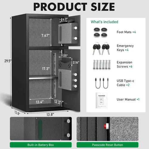 Miniatura 4 de Caja Fuerte Grande de 6.5 Pies Cúbicos a Prueba de Fuego e Impermeable, Caja Fuerte para Dinero con Función Silenciosa y Luz LED, Cajas Fuertes
