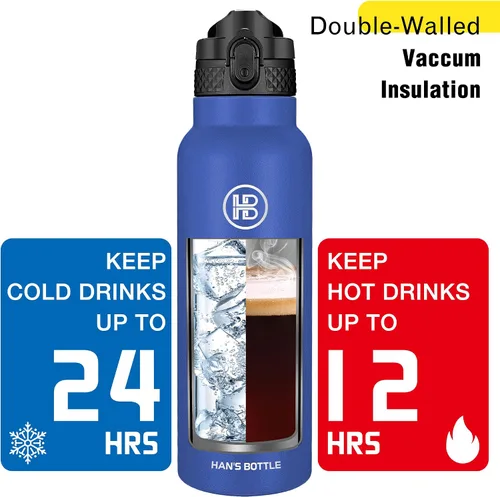 Miniatura 6 de Han's Bottle Botella de agua deportiva de 24 onzas, tapa con pajilla, a prueba de fugas, acero inoxidable aislado al vacío, doble pared, taza Azul