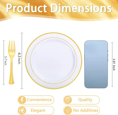 Miniatura 2 de WELLIFE 240 platos desechables de postre con tenedores de plástico dorados, 120 platos blancos de 6.5 pulgadas para ensalada de pastel con borde