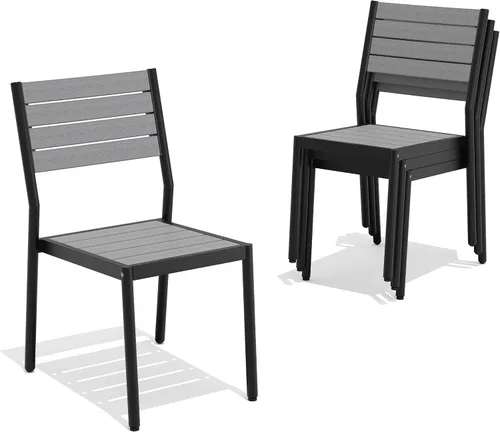 Miniatura 21 de Pellebant Juego de 2 sillas de comedor apilables para exteriores, sillas de patio de aluminio con brazos, para todo tipo de clima, para jardín, Negro