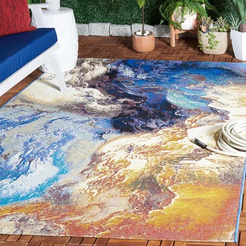 Miniatura 5 de SAFAVIEH Barbados Collection - Alfombra de pasillo de 2 pies 8 pulgadas x 8 pies, azul y oro óxido, diseño abstracto moderno, para interiores
