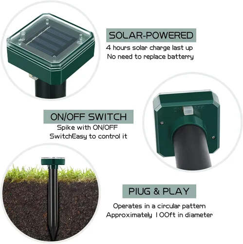 Miniatura 3 de Repelente de topos para césped, con energía solar, repelente de topos, repelente ultrasónico, impermeable, estacas de serpientes para exteriores