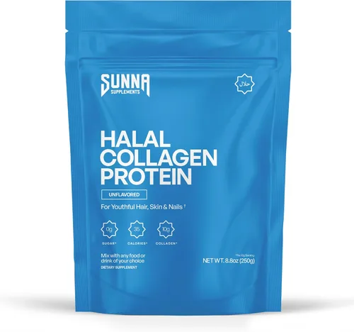 SUNNA SUPPLEMENTS Polvo de colágeno halal alimentado con pasto, péptidos bovinos hidrolizados tipo I y III para soporte de articulaciones, piel,