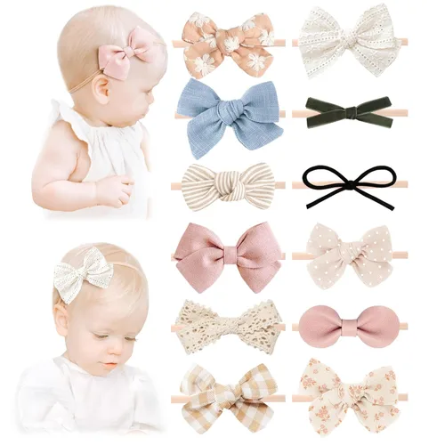 Miniatura 11 de Niceye Accesorios para el cabello hechos a mano: 12 paquetes de diademas elásticas de nailon y moños para recién nacidos, bebés y niñas pequeñas
