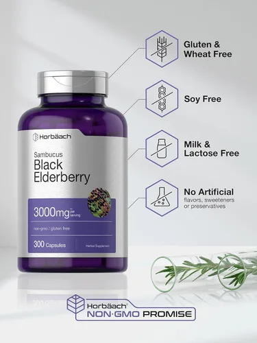 Miniatura 4 de Horbäach Baya de saúco negro Cápsulas de 3000 mg 300 unidades Sin OMG, sin gluten Suplemento Sambucus