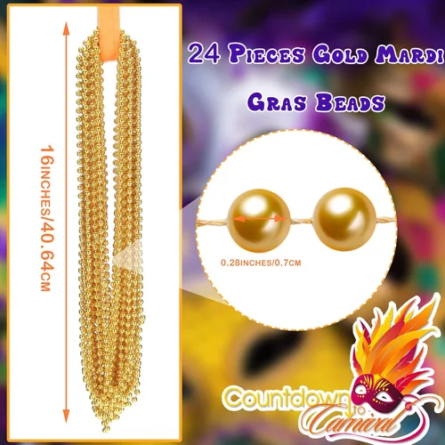 Miniatura 2 de Junkin 24 collares de cuentas amarillas de Mardi Gras de oro de 33 pulgadas y 0.276 in metálicos para fiesta, guirnalda a granel, accesorio
