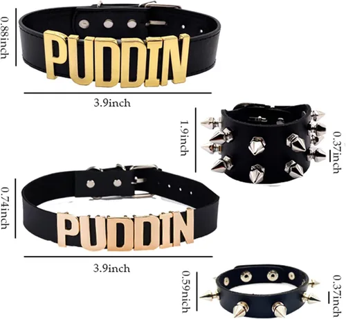 Miniatura 5 de YANCHUN Gargantilla de Puddin para mujer, de cuero punk, collar con letra, collar de espigas, pulsera de espigas, accesorios de disfraz de Halloween