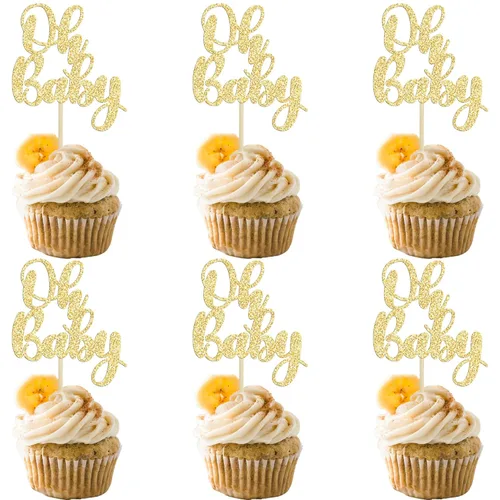 Miniatura 15 de Gyufise 36 piezas de decoraciones para cupcakes Oh Baby, arcoíris rosa y azul con purpurina, para baby shower, revelación de género, cupcakes para B