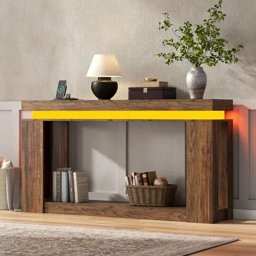 Miniatura 4 de Loomie - Mesa de consola larga de 63" con luces LED y toma de corriente, mesa de sofá de estilo granja de 2 niveles detrás del sofá