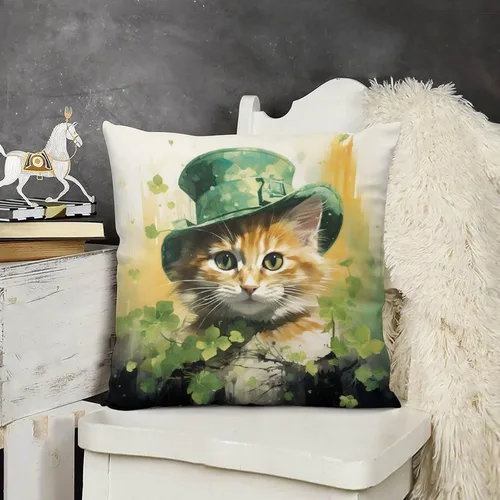 Miniatura 12 de Fundas de almohada de granja con diseño de feliz día de San Patricio con un gato en un sombrero de trébol, fundas de almohada de terciopelo