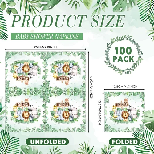 Miniatura 2 de Yeaqee 100 servilletas de baby shower de safari de la selva, servilletas de papel verde salvia, servilletas desechables de 3 capas de vegetación