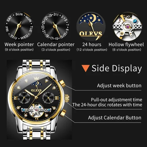 Miniatura 3 de OLEVS Relojes automáticos para hombre, impermeable, vestido de lujo, cuerda automática, esqueleto mecánico, tourbillon, fase lunar, acero