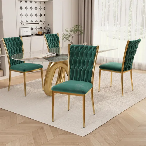 Miniatura 33 de Juego de 2 sillas de comedor de terciopelo, modernas sillas de cocina tejidas con patas de metal dorado, cojín tapizado con respaldo alto