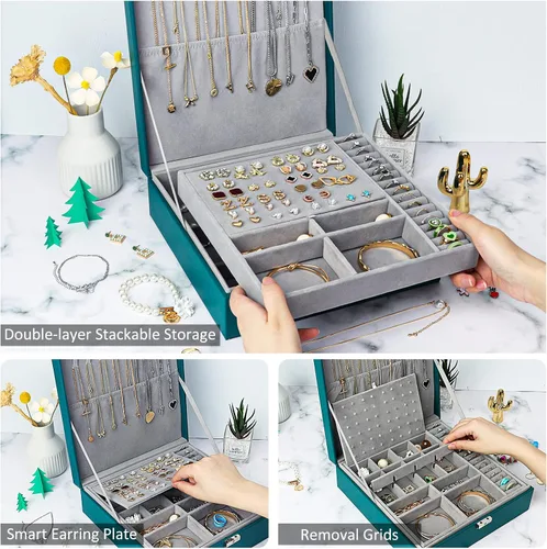 Miniatura 2 de SIMBOOM Joyero organizador para mujeres y niñas 2 capas de almacenamiento de joyas grande con cerradura organizador de joyas y relojes de cuero