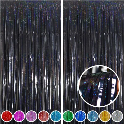 Melsan - 2 cortinas de telón de fondo con flecos de papel de aluminio de 97 cm x 2.4 m, cortinas metálicas brillantes para decoración de fiestas y