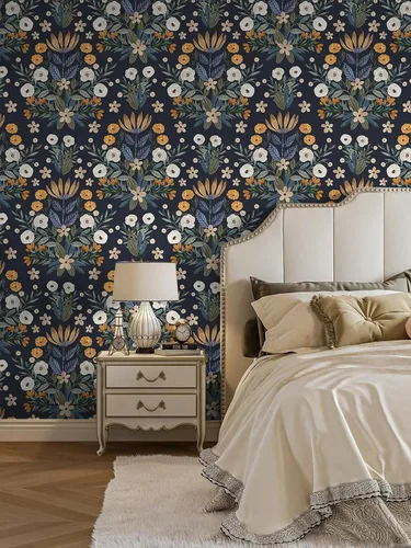 Miniatura 3 de Floralplus Papel tapiz autoadhesivo bohemio extraíble para baño, papel tapiz floral oscuro, papel de contacto floral con hojas adhesivas para Azul