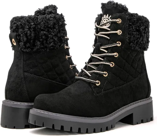 Miniatura 2 de GLOBALWIN Botas de tobillo acolchadas para mujer, botas de combate de moda, con cordones, tacón bajo, botines de piel cálida para mujer