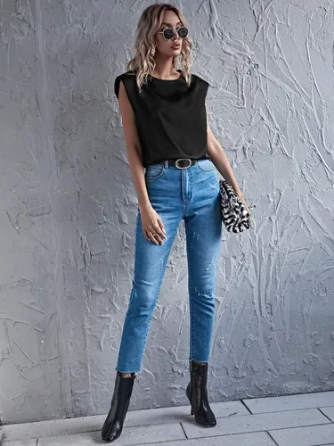 Miniatura 5 de Verdusa Camisetas de satén para mujer, estilo casual, sin mangas, con almohadilla de hombro