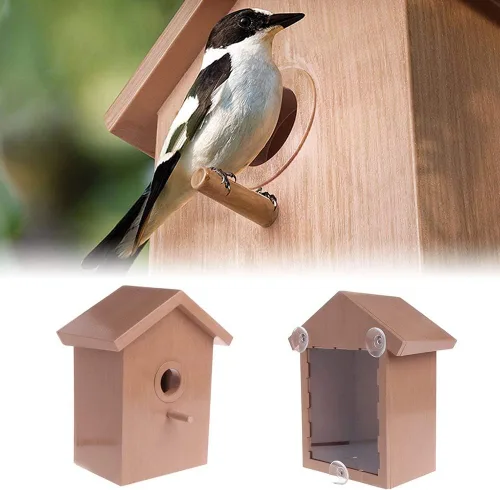 Miniatura 4 de Ochine Casa para pájaros con ventosa fuerte, casa de pájaros de madera, ventana transparente, comedero para pájaros al aire libre, jaula para nido