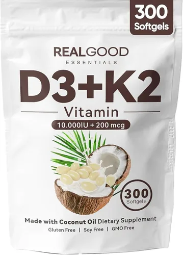 Real Good Essentials Vitamina D3 K2, Essentials D3+K2 (MK7) Aceite de coco 300 cápsulas blandas, con vitaminas D y K (1)