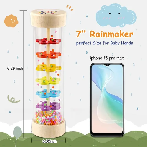 Miniatura 2 de LOOIKOOS Rainmaker - Palo de lluvia de madera de 7 pulgadas, juguetes Montessori para bebés de 6-12 meses, sonajero de bebé, juguete de desarrollo