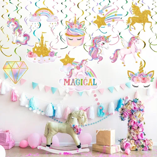 Miniatura 5 de Zonon 51 piezas de unicornio colgante de remolino, decoraciones de unicornio para fiesta de cumpleaños para niñas, suministros de fiesta