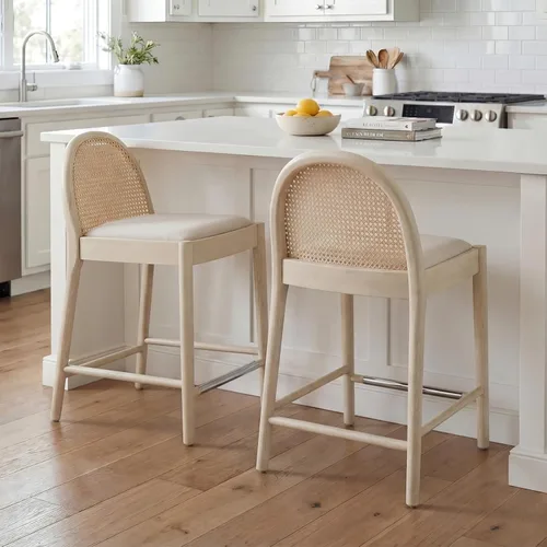Miniatura 14 de DUOMAY Juego de 2 taburetes de mostrador modernos de ratán beige, 26 pulgadas de altura - Taburetes de bar de madera tapizados en lino con respaldo