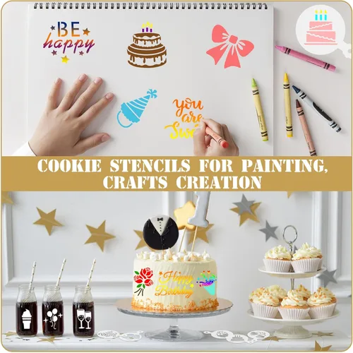 Miniatura 5 de JULBEAR Plantillas de galletas de cumpleaños, 36 piezas reutilizables para decoración de café, plantillas para galletas, hornear, pintura