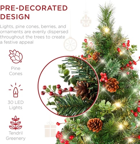 Miniatura 4 de Best Choice Products Juego de 2 árboles de Navidad de 24.5 pulgadas, funciona con pilas, decoración navideña preiluminada con luces LED, bayas