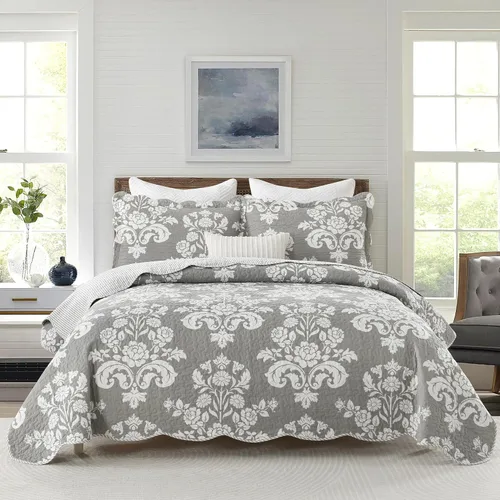 Miniatura 14 de Juego de edredón 100% algodón tamaño Queen de 3 piezas, edredón floral de damasco con 2 fundas, colcha acolchada floral vintage, ropa de cama ligera