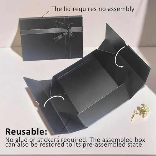 Miniatura 4 de Eerbaier Caja de regalo grande con tapa de 13 x 9.9 x 5 pulgadas, caja de regalo negra con fila de cinta, tarjeta y relleno de papel triturado, caja