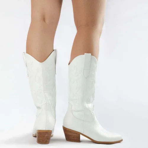 Miniatura 6 de Botas vaqueras modernas bordadas para mujer, botas de media pantorrilla, tacón grueso, retro, coloridas botas occidentales
