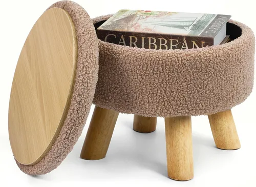 Miniatura 9 de OGEMXU Reposapiés otomano, otomana redonda pequeña con almacenamiento, taburete Boucle de terciopelo con patas de madera, otomana de almacenamiento