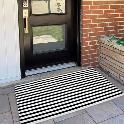Alfombra para exteriores blanco y negro de 27.5' x 43', alfombra a rayas para porche delantero, alfombra tejida a mano de algodón, lavable a