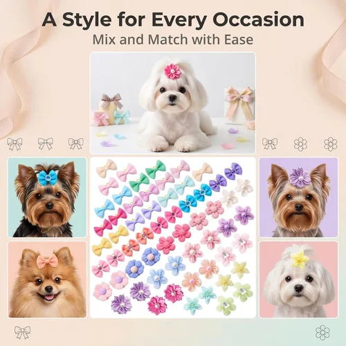 Miniatura 2 de 60pcs Dog Hair Bows with Rubber Bands – Handmade Mix of Bows and Flowers, Small Puppy Grooming Accessories for Yorkie & Tiny Dogs