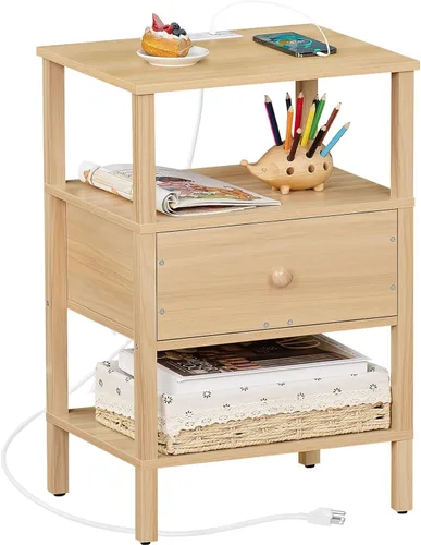 Miniatura 9 de Lerliuo Mesita de noche con estación de carga y puertos USB, mesa auxiliar de almacenamiento de 3 niveles con cajón y estante, mesita de noche