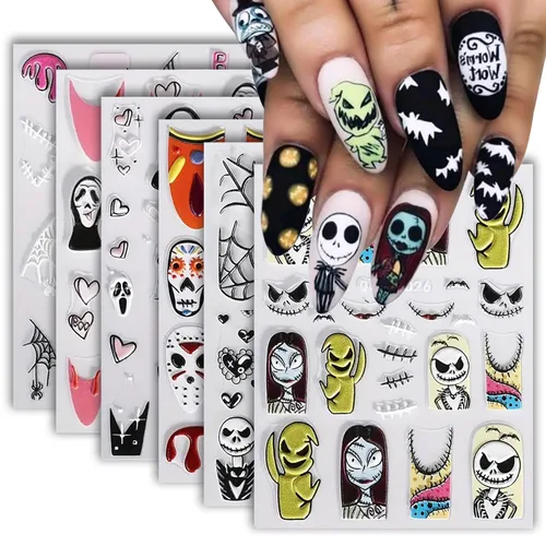 Miniatura 20 de 8 hojas de calcomanías de uñas de Halloween con diseños de fantasmas lindos, calabaza, araña, telaraña, sangre, llama 3D, autoadhesivas, Otoño