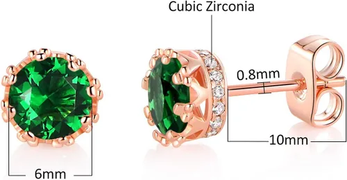 Miniatura 48 de MDFUN Aretes chapados en oro rosa para mujer, 0.236 in, corona brillante redonda, piedra natal, regalo de cumpleaños
